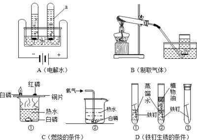 請結(jié)合如圖所示實驗回答問題:(1)儀器a的名稱是 .電解水的過程中.發(fā)生改變的微粒是 .(2)寫出一個用裝置B制取氣體的化學(xué)方程式 .當(dāng)氣體收集滿后.從水槽中取出集氣瓶的正確操作順序是 .①將導(dǎo)氣管移出集氣瓶口 ②將集氣瓶和玻璃片一起移出水面③在水面下用玻璃片蓋住集氣瓶口 ④將集氣瓶正放在桌面上(3)C中發(fā)生反應(yīng)的化學(xué)方程式為 ,D中最容易生銹的是 .鐵制品生銹的條件是 . 題目和參考答案--精英家教網(wǎng)--